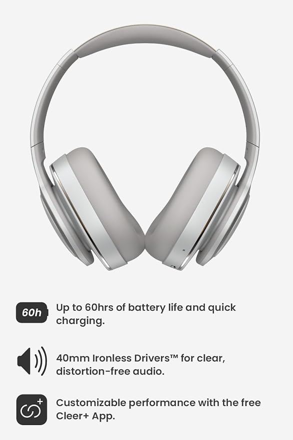 Cleer Audio Enduro ANC Noise Canceling Headphones, Bluetooth Multipoint Connection, Over-The-Ear Design with Mic, Crystal Clear Hands-Free Calling, up to 60 Hours of Battery Life - Light Grey