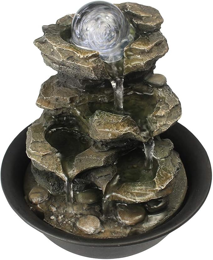 8.3" High 4-Tier Cascading Rock Falls Tabletop Water Fountain with LED Light & Spinning Ball - Indoor Small Waterfall Feature for Office, Home and Bedroom Desktop Decor Dark Grey