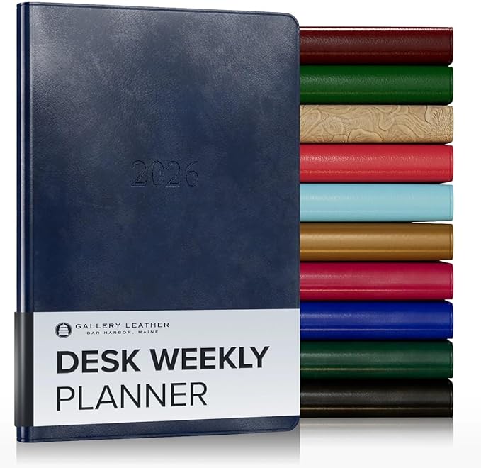 Gallery Leather Desk Weekly Monthly Planner 2025-2026, Elegantly Bound Calendar Planner and Notebook with Stylish Gold-Gilded Page Edges, 12 Months - Acadia Navy - 8 x 5.5 "