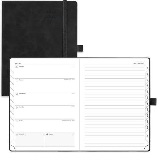 POPRUN Planner 2025-2026 Weekly Notebook (Medium 6.5''x 8.5'') Academic Calendar (JUL.25 - JUN.26) Appointment Book with Monthly Tabs, Leather Soft Cover, Inner Pocket, 100 GSM - Black
