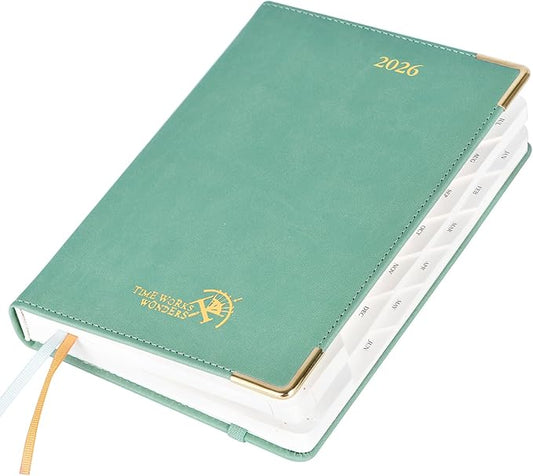 POPRUN Daily Planner 2026 (A5 Size-5.75" x 8.5") One Page Per Day Planner with Vegan Leather Hardcover - Agenda 2026 (Jan- Dec) Page A Day Calendar Book with Monthly Tabs, Pocket TJ-Midnight Green