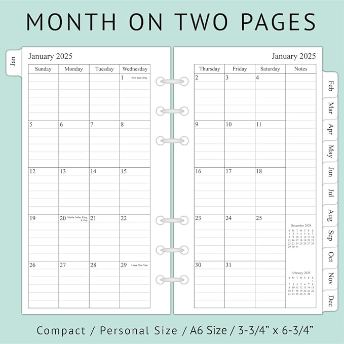 newestor 2025 Monthly Planner Refill 3-3/4" x 6-3/4", 13 Months from December 2024 to December 2025, Compact/Personal/Portable Size
