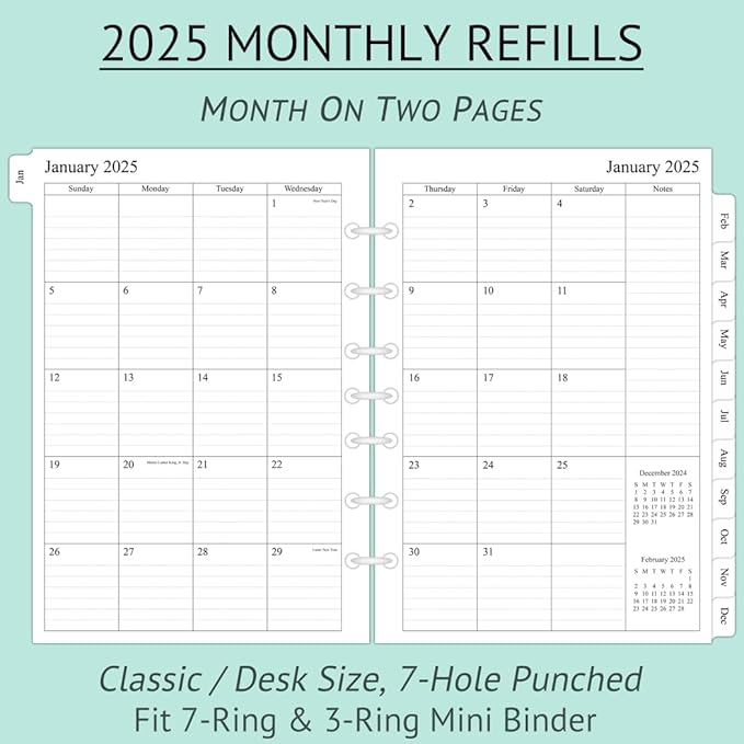 newestor 2025 Monthly Planner Refills 5-1/2" x 8-1/2" for 3-Ring or 7-Ring Mini Binders, Jan 2025 to Dec 2025, Desk Size 4, 7-Hole Punched