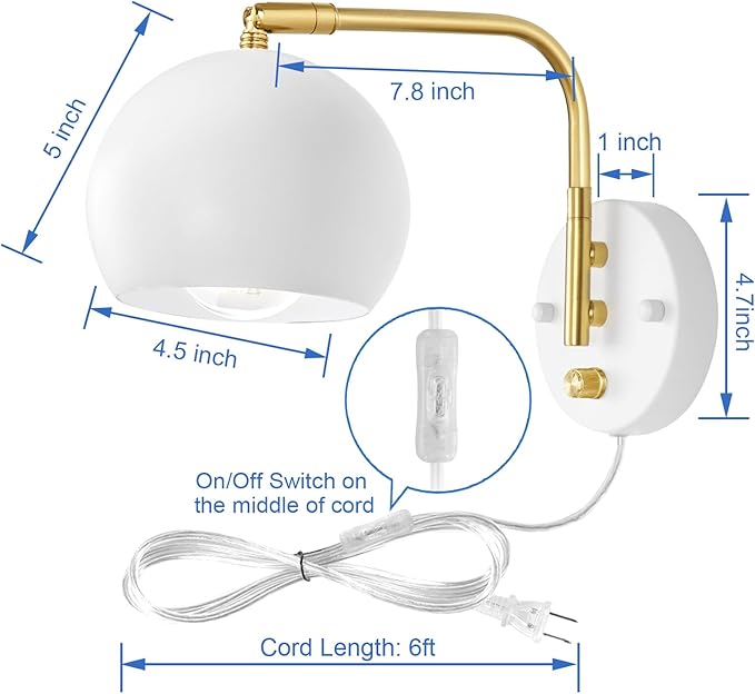 Wall Sconces Plug in, Dimmable Wall Sconce Swing Arm Wall Lights with Plug in Cord and Dimmer On/Off Knob Switch, White Globe Wall Light for Bedside Bedroom Hallway(2 Bulbs Included)