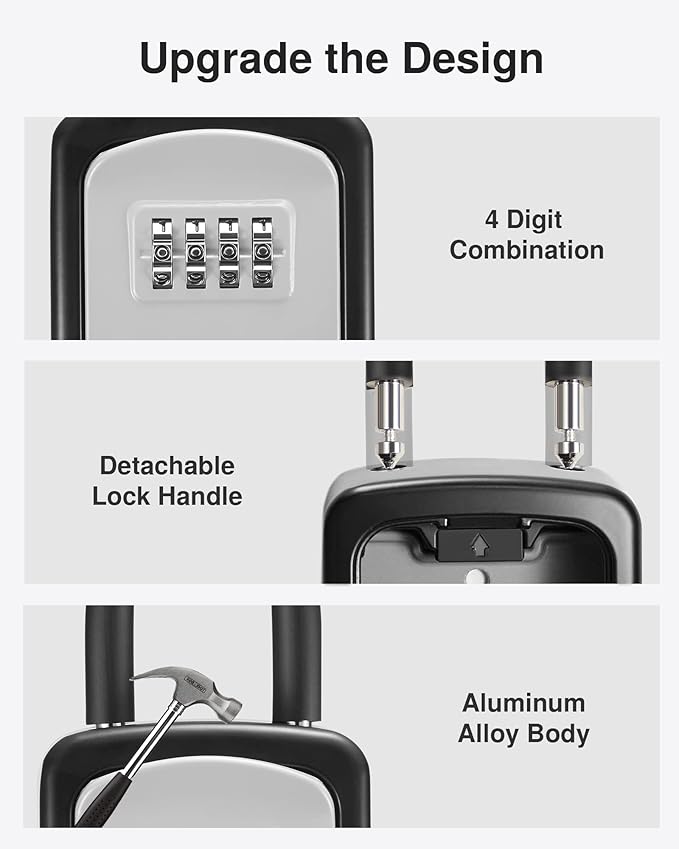 Puroma Key Lock Box, 4-Digit Combination Key Storage Lockbox, Portable Wall Mounted Security Lockbox with Code for Home, Flats, Realtors Garage Spare Keys (1 Pack, Grey)
