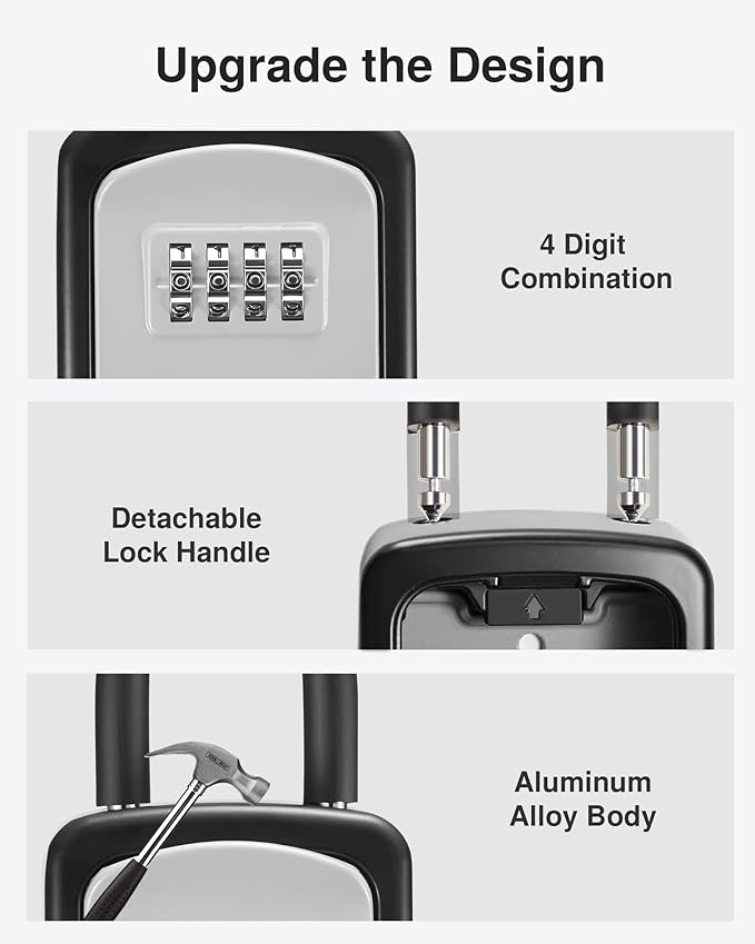 Puroma Key Lock Box, 4-Digit Combination Key Storage Lockbox, Portable Wall Mounted Security Lockbox with Code for Home, Flats, Realtors Garage Spare Keys (2 Pack, Grey)