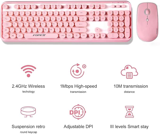FOPETT Keyboard and Mouse Sets Wireless, Reliable 2.4 GHz Connectivity for PC,Laptop,Smart TV and More (Pink)