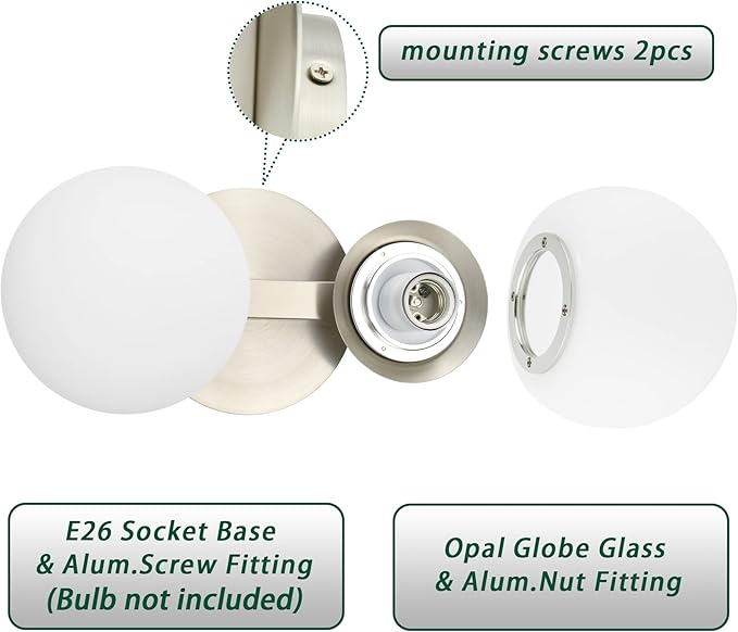 Bathroom Vanity Light Fixtures, Modern 2 Lights Globe Wall Sconce Lighting Brushed Nickel, Porch Wall Mount Light Fixture for Bathroom, Mirror Cabinets Hallway Stairs (Brushed Nickel, 2-Light)