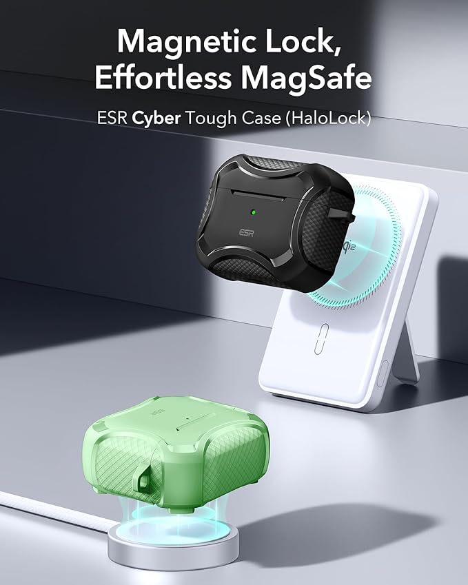 ESR for AirPods 4 Case, Compatible with AirPods 4th Generation Case (2024), Compatible with MagSafe, Powerful Drop Protection, Magnetic Lid, Cyber Series, Light Green