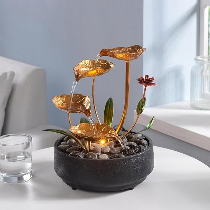 Tabletop Fountain Metal Lotus Circulating Fountain Water Feature for Zen Home Decor Warm Yellow Scene Light(23034)