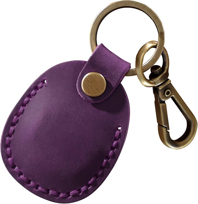 for Airtag Holder, Portable Genuine Leather Air Tag Keychain with Key Rings Full Coverage Air Tags Hidden Case Cover Compatible with Airtag Purple