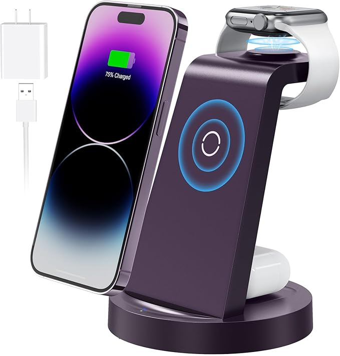 3 in 1 Charging Station for Apple Device, Wireless Charger for iPhone 16 15 14 13 12 11 Pro Max & Apple Watch iwatch- Charging Stand Dock for AirPods