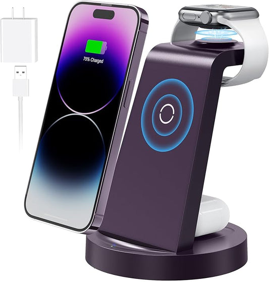 3 in 1 Charging Station for Apple Device, Wireless Charger for iPhone 16 15 14 13 12 11 Pro Max & Apple Watch iwatch- Charging Stand Dock for AirPods