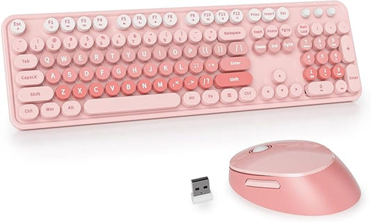 GTSP Colorful Pink Wireless Keyboard and Mouse Combo, Wireless Typewriter Full-Size Retro Cute Aesthetic Keyboard 2.4GHz with Round Keycaps for Desktop Laptop and PC (Cute Pink)