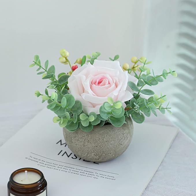 Artificial Flowers Kit with Pot, Combination of Fake Silk Light Pink Roses and Greenery,Small Plant Potted Decor for Offices,Bookshelf,Bedroom, Living Room,Party,Wedding Decorations