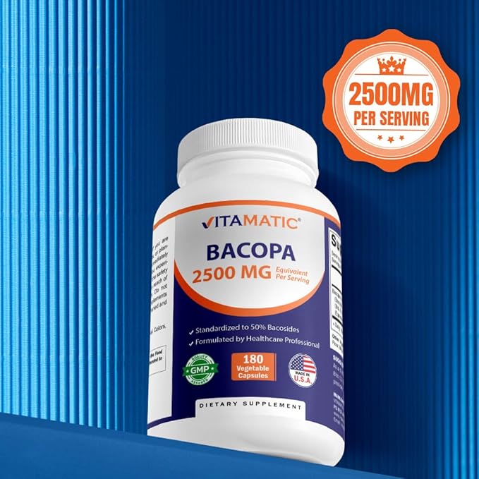 Vitamatic Bacopa Monnieri 2500 mg Equivalent Per Serving (from 10:1 Extract 250 mg) Nootropic Herbal Supplement - 50% Bacosides, Non-GMO & Gluten Free - 180 Vegetable Capsules