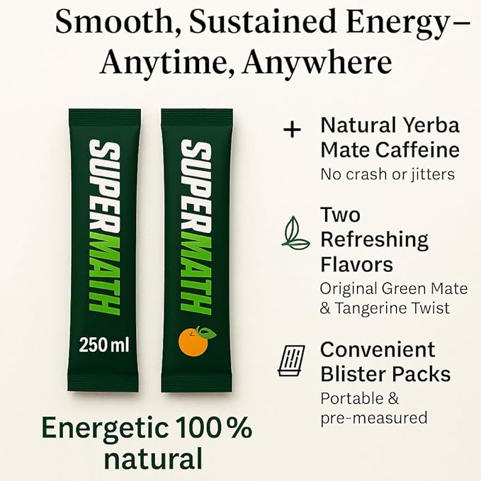 SuperMathe Yerba Mate Powder – 4-Pack (7 Blisters Each, 28 Total) – Single-Serve Blister Packs – Natural & Tangerine Flavors