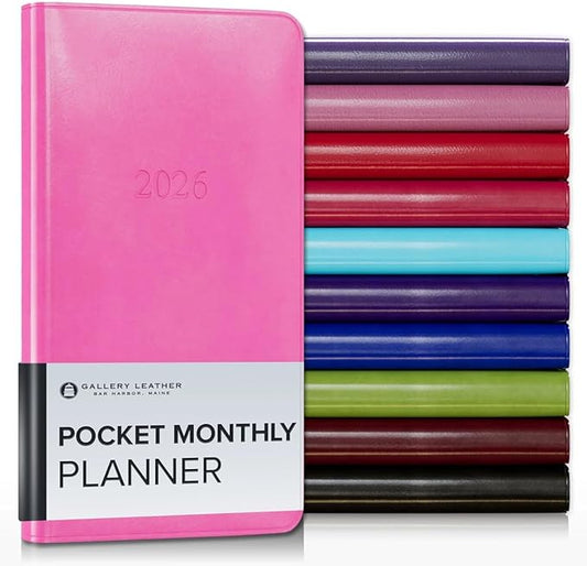 Gallery Leather Pocket Monthly Planner 2025-2026, Elegantly Bound Calendar Planner and Notebook with Stylish Gold-Gilded Page Edges, 18 Months - Acadia Hope - 6x3.25"