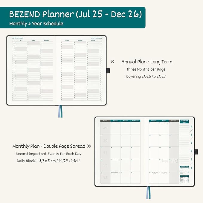 BEZEND Weekly Planner 2025-2026 with 2 Columns, 5.8" x 8.5" Academic Calendar 18 Months (Jul 25-Dec 26) Life Work Appointment Book with Monthly Tab, PU Leather Hardcover - Mustard