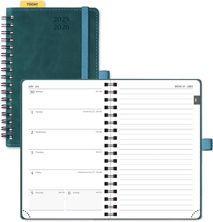 POPRUN Planner 2025-2026 Weekly Notebook (Pocket Size 4''x 6.25''), Small Academic Calendar for Purse with Spiral Soft Cover, Plastic Ruler, Inner Pocket, 100 GSM - Petrol