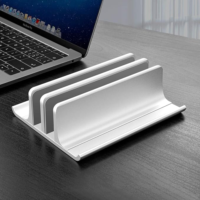Vaydeer Aluminum Laptop Stand Double-Slot Adjustable Vertical Laptop Stand Newly Designed 2 Slot Desktop Holder for All MacBook/Chromebook/Surface/Dell/iPad Up to 17.3 Inches, Silver