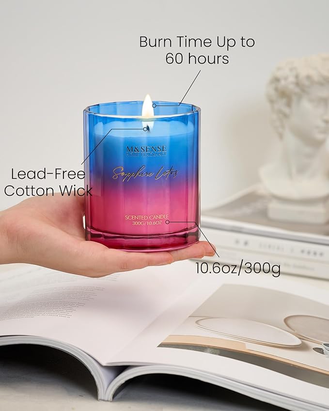 M&SENSE Summer Water Lily Scented Candle, 10.6oz Natural Soy Wax Non Toxic 60-Hour Burn Time Cotton Wick Aromatherapy Candle for Women, Housewarming & Luxury Gifts
