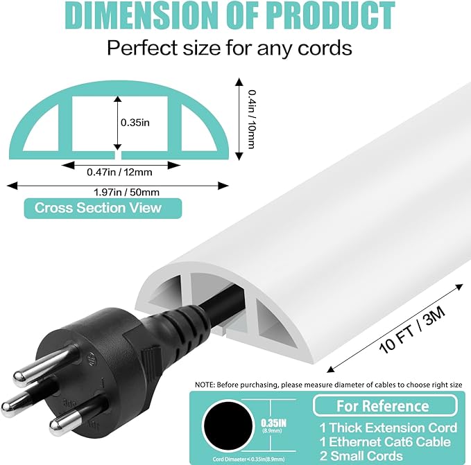 Floor Cord Cover Self Adhesive Cord Hider,10FT Cable Management, Extension Strip Protector for Wires, Prevent Cable Trips for Offices, Gyms, Exhibitions Cavity:0.47"(W) x 0.35"(H) White