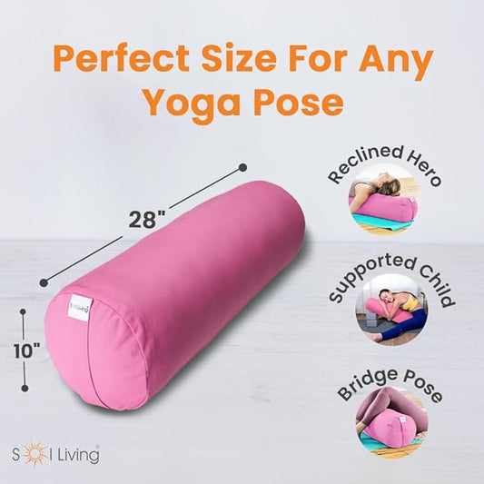 Sol Living Yoga Bolster Pillow for Restorative Meditation - 100% Cotton Cylindrical Cushion with Washable Cover for Balance Support in Asana Poses