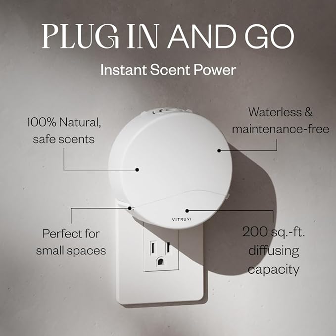 Vitruvi Push Plug-in Wall Diffuser – Starter Kit with Vanilla Mint Refill, Made with Natural Ingredients – Covers 200 Sq Ft – Long-Lasting Scent Up to 500 Hours – White