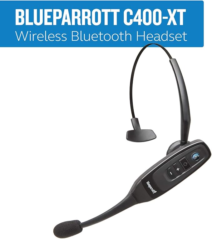 BlueParrott C400-XT Mono Bluetooth Wireless Headphones 96% Noise Canceling Trucker Headset with Mic, Convertible Over Head to Behind Neck Style with 300 ft. Wireless Range, 24 hrs. Talk Time, Black
