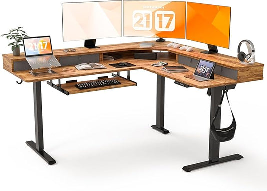 L Shaped Standing Desk with USB Charging Port & 4 Drawers,63 x 55 inch Electric Adjustable Height Corner Stand Up Desks with Keyboard Tray & Storage,Sit Stand Computer L Desk for Gaming Office