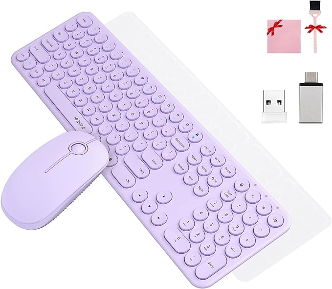 Cute Keyboard and Mouse Wireless for PC Computer/Laptop/Windows/Mac/Tablets, Ultra-Thin 2.4GHz USB Cordless Full-Sized Silent Retro Computer Keyboard Mouse Combo (Purple)