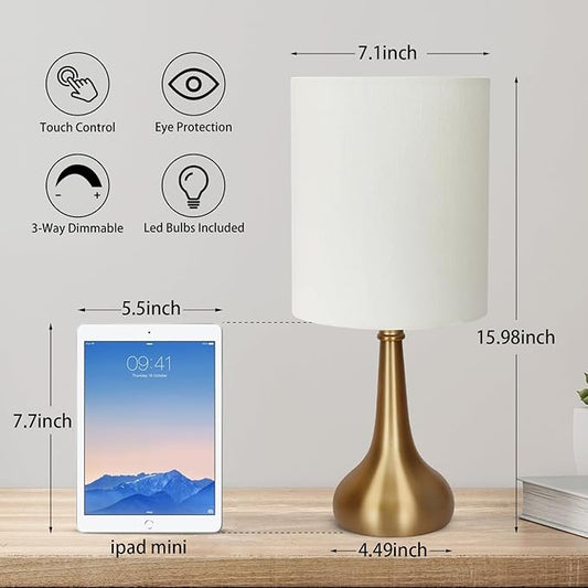 Boncoo Set of 2 Bedside Touch Lamps, 16 Inch Dimmable Small Nightstand Lamp, Night Light Lamp Simple Touch Table Lamp with Brass Metal Base for Living Room Bedroom Office, A19 3000K Led Bulb Included