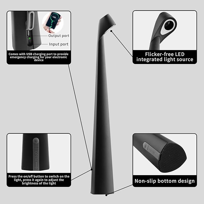 Cordless Portable LED Table Lamp,Built-in Rechargeable Battery-5000mAH,Dimmable Touch Small Desk Reading Lamp with 3-Level Brightness for Bedroom/Living Room/Office (Black)