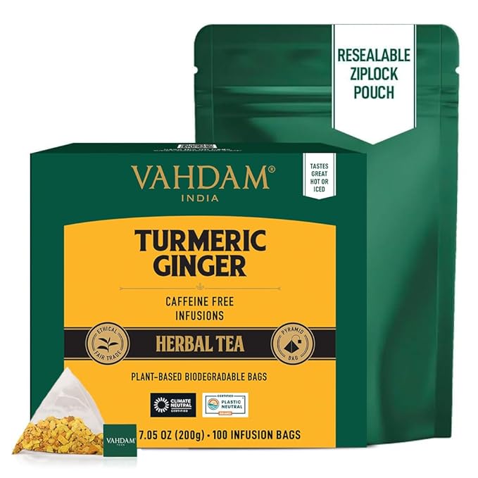 VAHDAM, Organic Turmeric Ginger Herbal Tea Bags (100 Pyramid Tea Bags) Caffeine Free, Non GMO | 100% Pure Herbal Blend - Savory & Spicy, Plant-Based Teabags | Resealable Ziplock Pouch