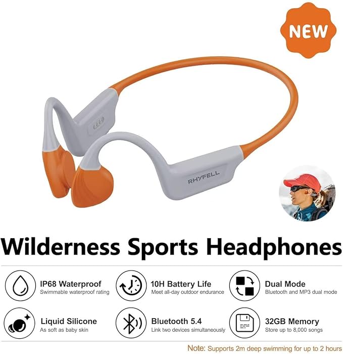 Swimming Headphones, Bone Conduction Sports Headphones, IP68 Waterproof with MP3 Mode 32GB Memory, Bluetooth 5.4 Open Ear Headphones with Mic, 10 Hours Playtime for Swimming, Wilderness, Running