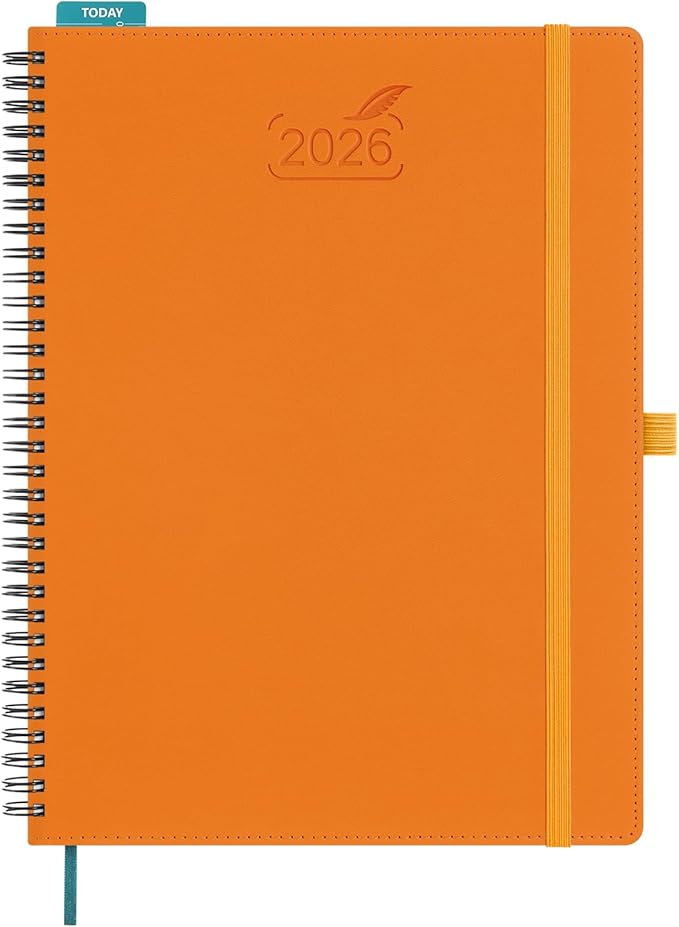 BEZEND 2026 Planner Weekly and Monthly (8.5" x 11" Spiral) Daily Calendar with Half-Hourly Timeslots & Tab (Jan-Dec) Note & Expenses, Pen Holder, Inner Pocket, Vegan Leather Softcover - Orange