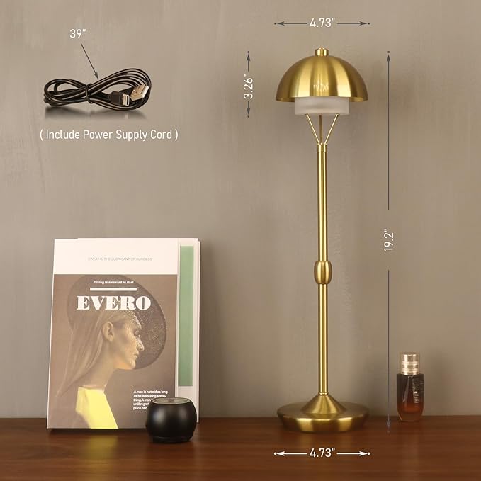 Modern Table Lamp Cordless Portable Desk Lamp, 2700K Stepless Dimming Rechargeable Battery Operated LED Lights for Bedroom, USB-C Charging, Restaurant/Bar/Night Light/Gifts (Antique Brass)