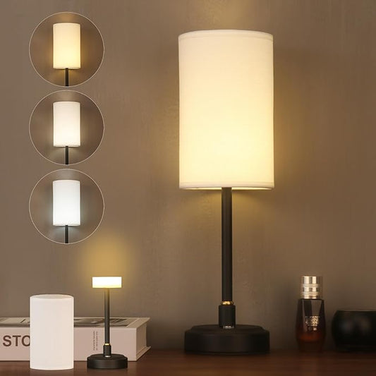 Small Cordless Touch Lamps for Nightstand Lamp Battery Operated Rechargeable Lamp, Portable 3 Colors Stepless Dimmable Fabric Shade Night Light for Restaurant/Bedroom/Outdoor (White+Black)