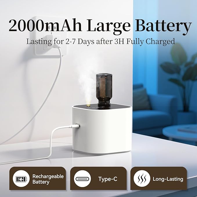 Waterless Essential Oil Diffuser Scent Diffuser with Battery Operated,Cycle Star,3 Mist Modes,Cordless Diffusers for 400 sq.ft Home Bedroom Office Desk,Includes 30ml Oil,White