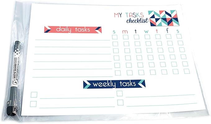 Dry Erase Whiteboard Task Planner | Removable and Restickable Adhesive Decal | Fine-Tip Magnetic Marker Included (9 x 12 inches, Geometric)