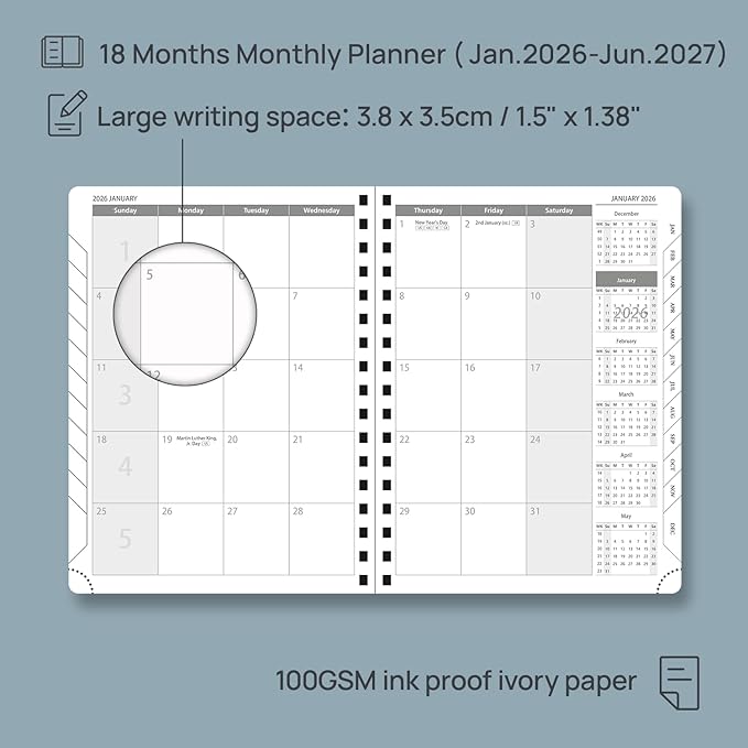POPRUN Monthly Planner 2026-2027 (Medium 6.5" x 8.5") 18 Months Calendar (Jan 2026 - Jun 2027) - 4 Pages per Month with Expense & Notes, Stair-like tabs, Leather Cover, Sunday Starts - Burgundy