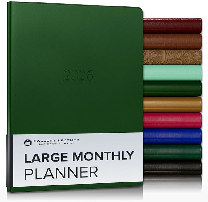 Gallery Leather Large Monthly Planner 2025-2026, Elegantly Bound Calendar Planner and Notebook with Stylish Gold-Gilded Page Edges, 18 Months - Freeport Metallic Hunter - 9.75x7.5"