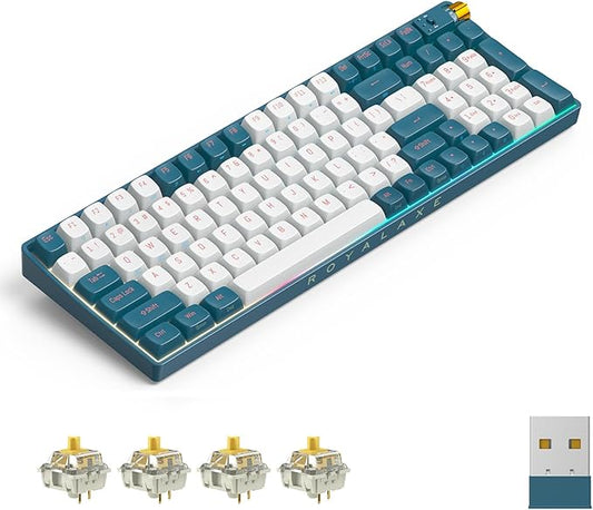 R100 Wireless Mechanical Keyboard, G Pro 3.0 Yellow Switch, Hot Swappable Wired/Bluetooth/2.4G Wireless Keyboard with RGB Light for Windows & Mac, PBT Keycaps, Whale Blue