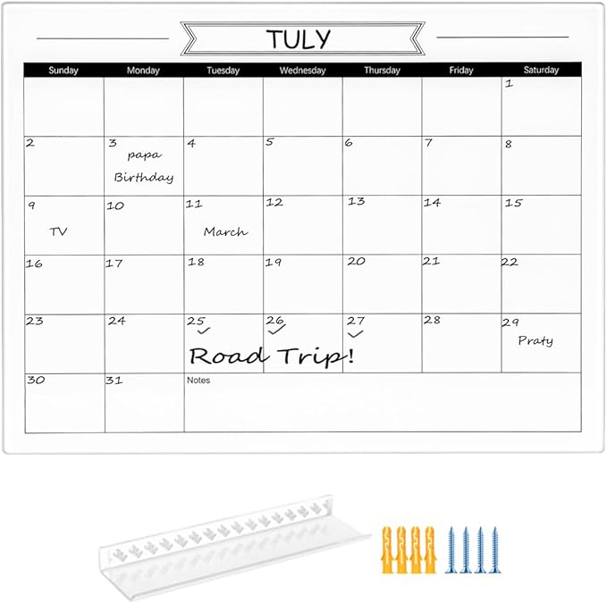 Glass Dry Erase Monthly Calendar Whiteboard for Wall, 11.8" x 15.7" Small Monthly Planner White Board for Home Kitchen, Office, Frameless(GlassB-WH-3040)