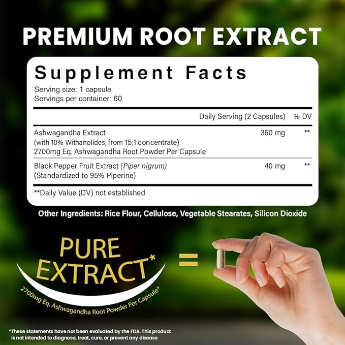 Organic Ashwagandha Capsules w/Black Pepper Extract as Vegan Ashwagandha Supplements for Anti Stress Relief, Natural Mood Support, Energy & Focus-60 Capsules