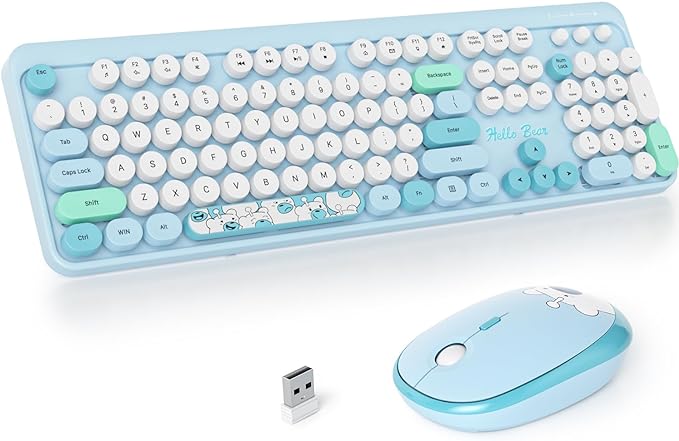 Fogruaden Wireless Keyboard and Mouse Combo, 2.4GHz Retro Typewriter Keyboard, 104 Full Size Round Keycap Cute Computer Keyboard with Number Pad, Blue Colorful Keyboard for Windows PC Laptop(Blue)