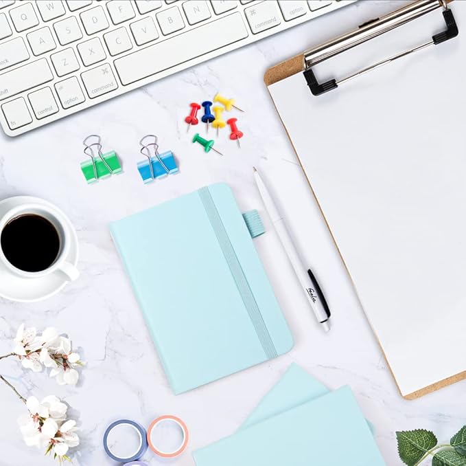 feela 3 Pack Pocket Small Notebook Journals, Mini Cute Memo Notepad Hardcover College Ruled Lined Journals with Pen Holder for Women Girls Office School, with 3 Black Pens, 3.5”x 5.5”, A6, Sky Blue