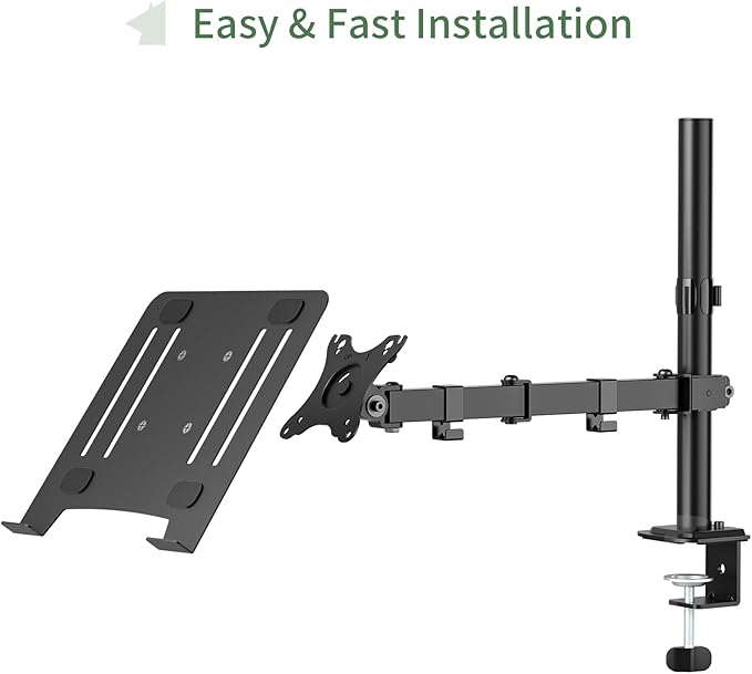 Laptop Desk Mount, Single Laptop Stand Arm with Vented Tray for 17 inch Notebook or 14”-32” Monitor, Holds up to 17.6 lbs, Fully Adjustable, Clamp/Grommet Mounting, VESA 75/100mm