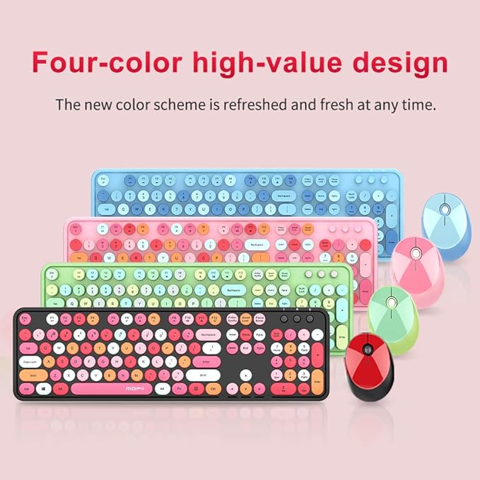 Guffercty kred Colorful Blue Wireless Keyboard Mouse, Cute Retro Typewriter Round Keycaps 2.4GHz Dropout-Free Connection for Laptop/PC (Multicolor Blue)